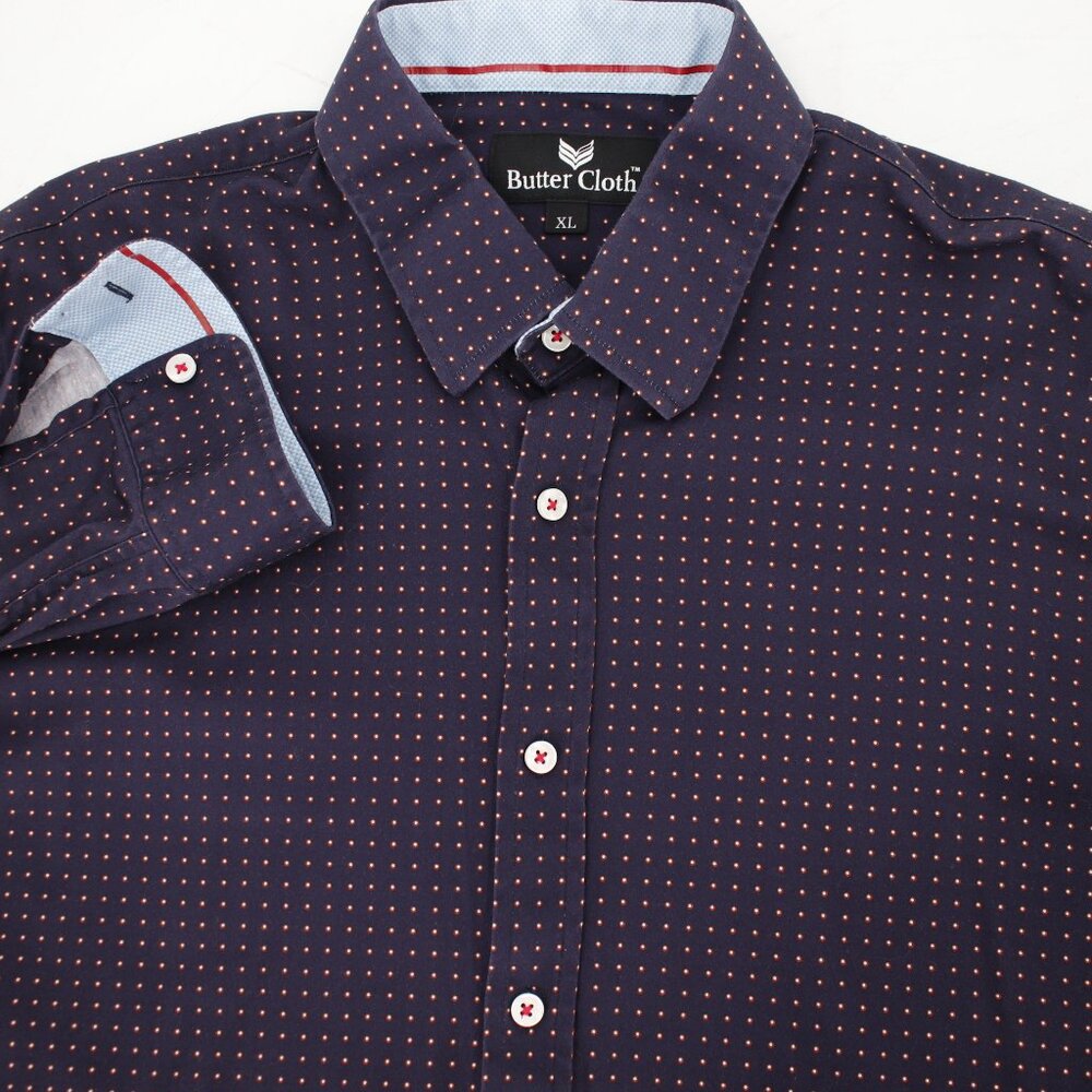 buttercloth shirt men's XL long sleeve polo button up‎ polka dot cotton stretch